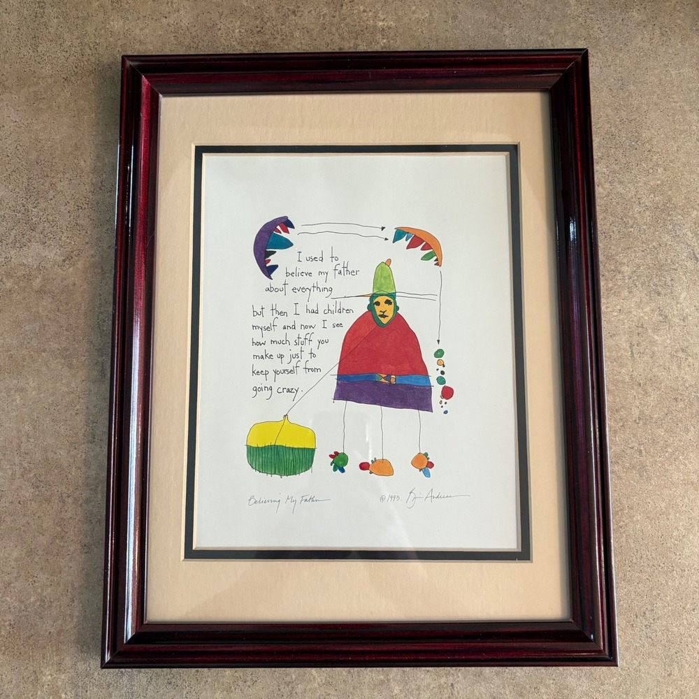 Original Art Framed 1993 BJ Andrea Believing My Father Quote Drawing